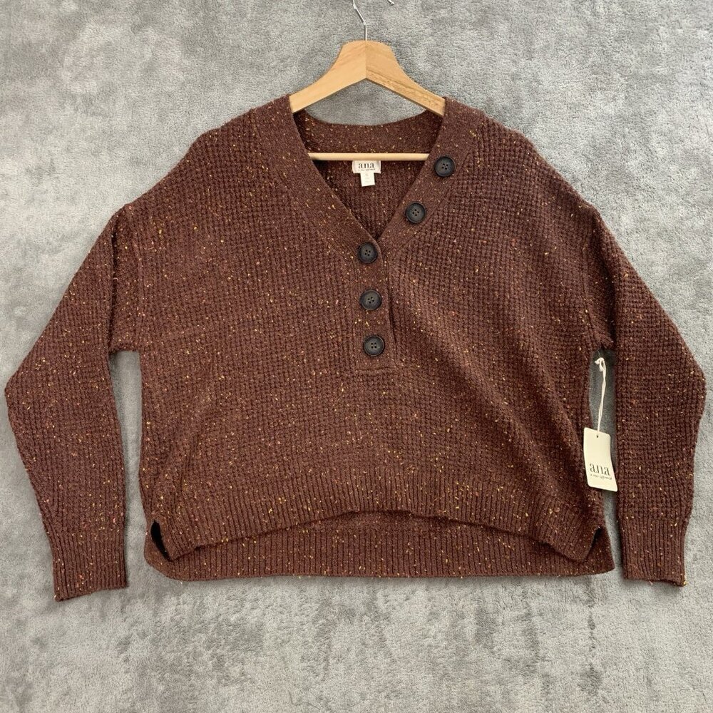 a.n.a. Sweater Womens Petite Small Brown V Neck Knit Casual Sweatshirt Pullover